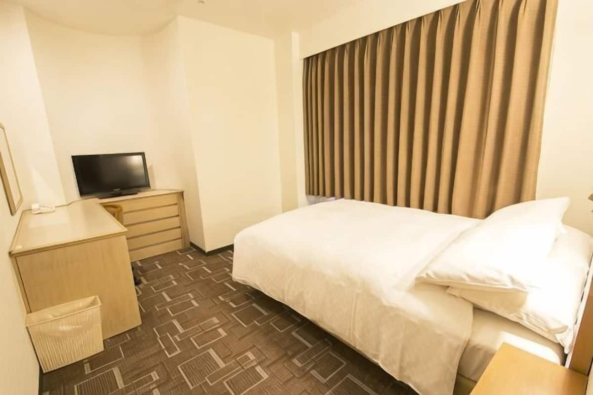 A hotel room with a bed, a desk with a television, a small dresser, and a waste basket.