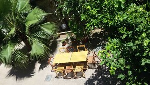 Een terras met een gele tafel en houten stoelen, omgeven door weelderige begroeiing en een palmboom.