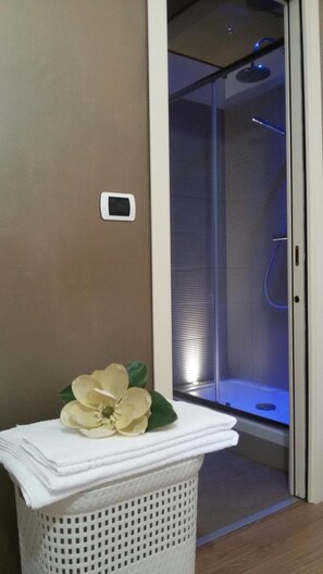 Shower, free toiletries, hair dryer, bidet