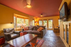 TV, fireplace, DVD player, books
