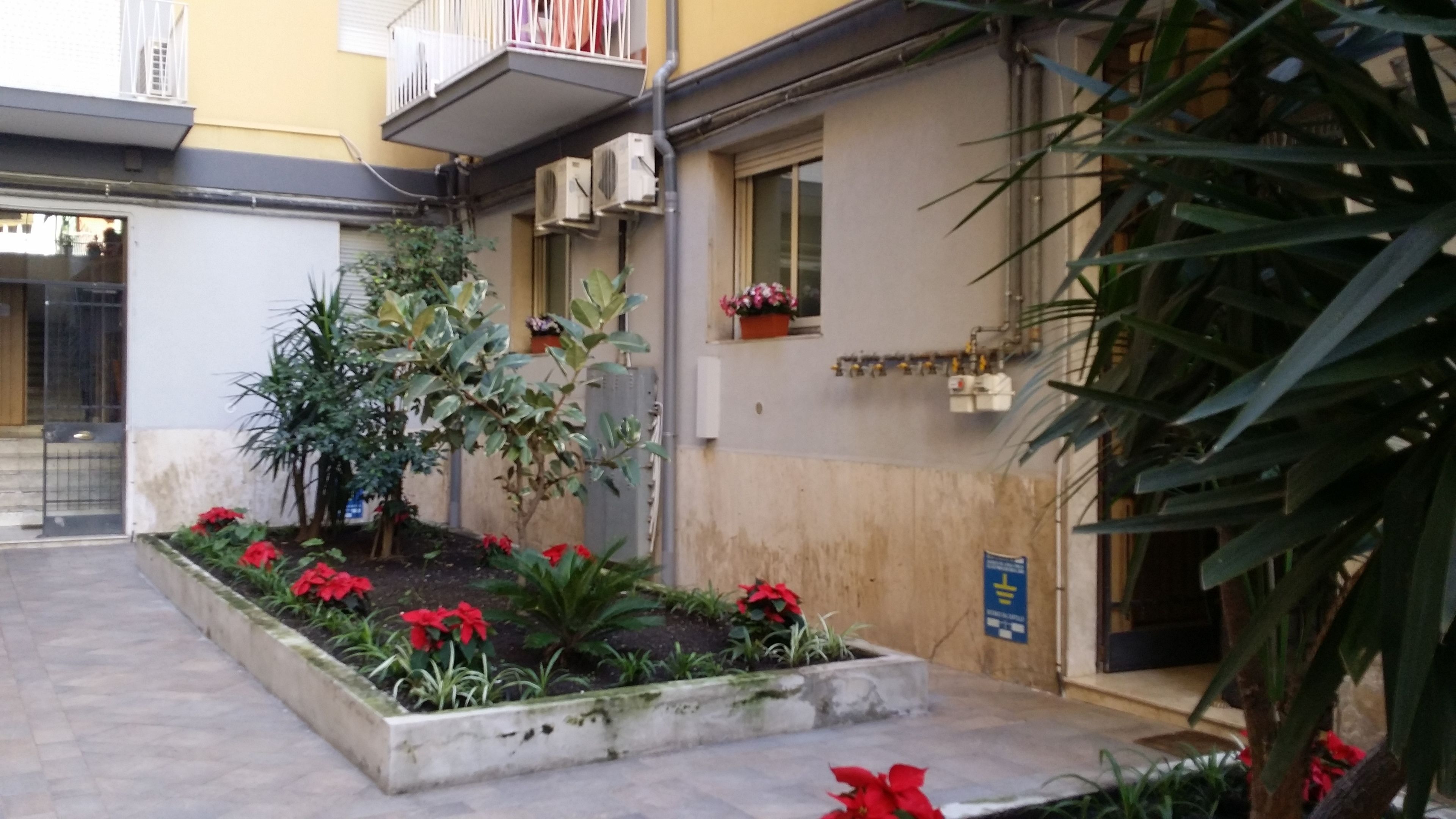 Ein Innenhof mit einem Betonpflanzgefäß, gefüllt mit roten Blumen und Grünpflanzen, ein gelbes Gebäude mit einem Balkon und einer an der Wand befestigten Klimaanlage.