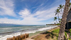 A coastal view with a wooden fence, palm trees, and a building with a balcony overlooking the ocean. - Oceanfront 2bd, lanai with Kaanapali pool views (Lahaina)