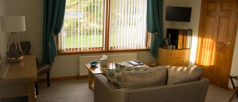 A living room with a sofa, a coffee table, a TV, and a window with curtains.