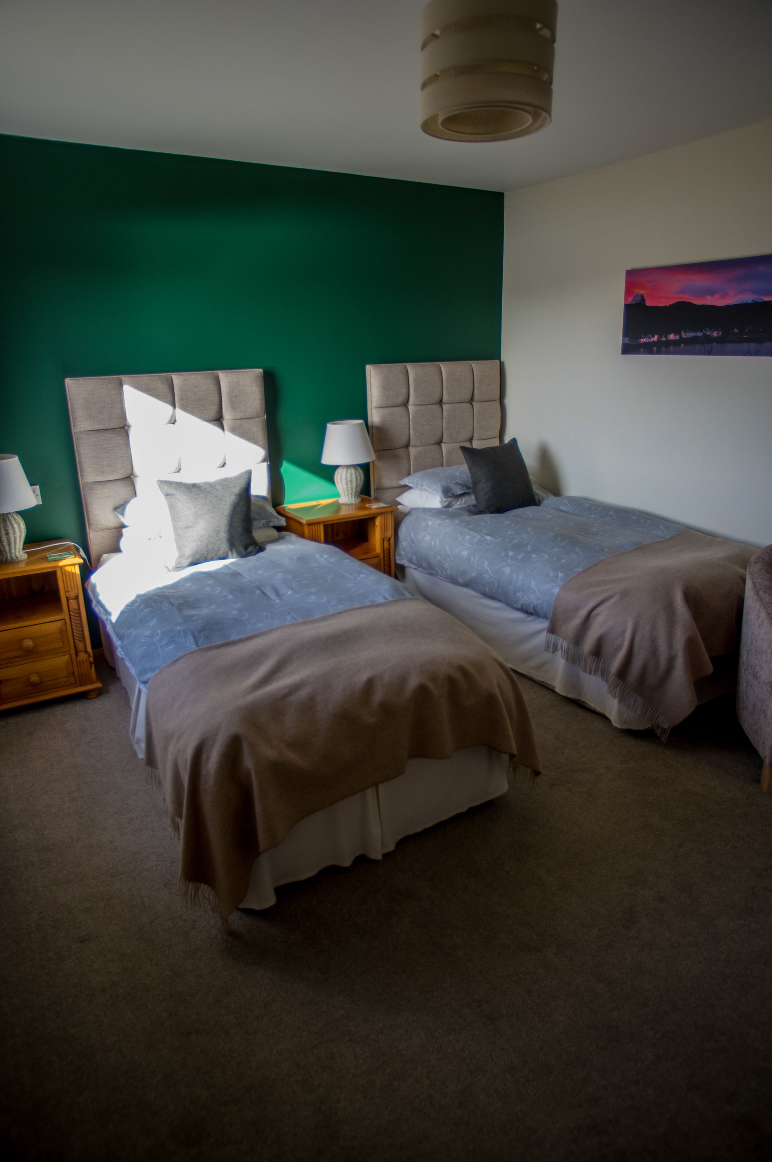 Un dormitorio con dos camas, paredes verdes y un cuadro en la pared.