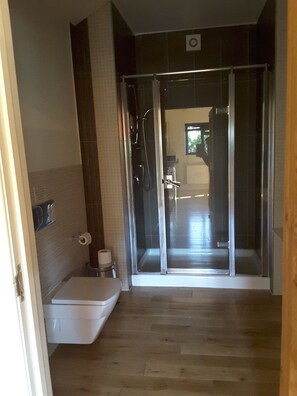 A modern bathroom with a glass-enclosed shower, a toilet, and a small storage unit.