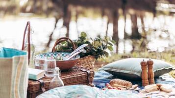 Een picknickopstelling met een mand, een schaal, een boek en een fles op een deken bij het water.