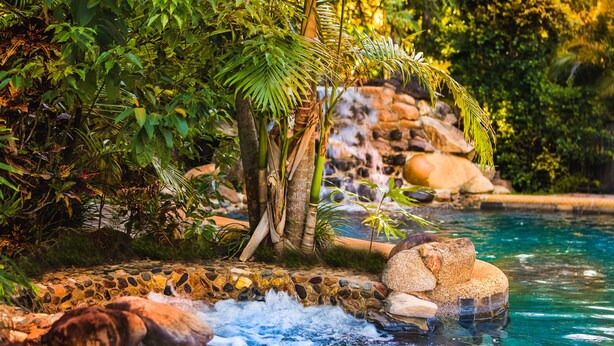 A natural pool with clear water, surrounded by rocks and lush greenery.