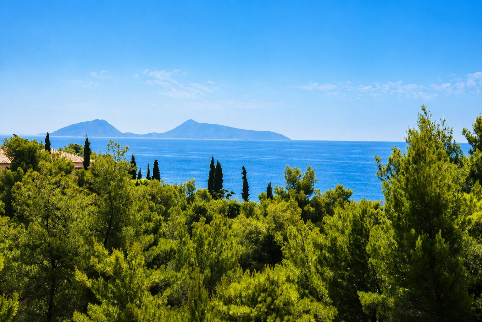 A coastal landscape with dense greenery, a clear blue sky, and distant mountains.