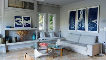 Deluxe Villa, 4 Bedrooms, Private Pool, Sea View (Pentathlon 1) | Living area | Flat-screen TV