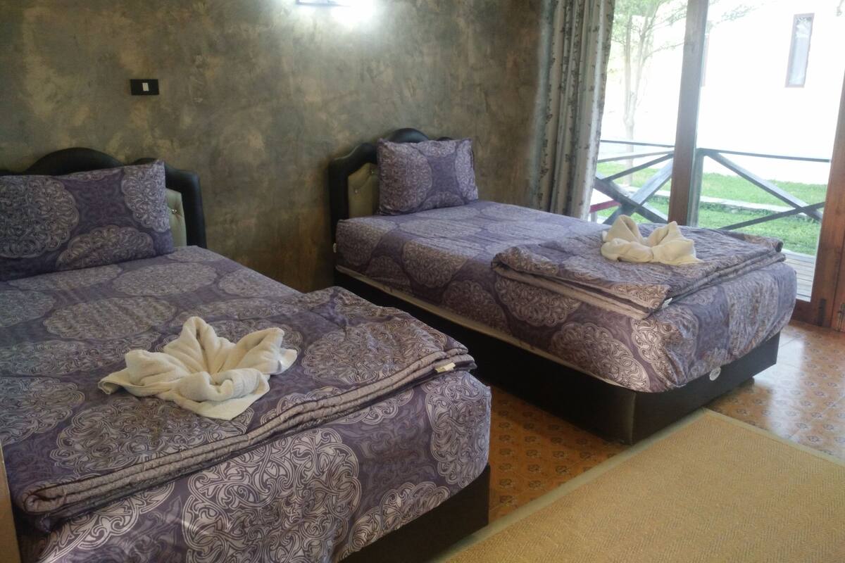 A room with two beds, each with a purple patterned bedspread and pillows, and a small table with a towel on it.