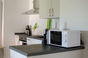 Appartement, 1 chambre, balcon | Cuisine privée | Grand réfrigérateur, micro-ondes, four, plaque de cuisson