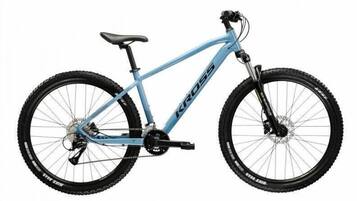 A mountain bike with a light blue frame, black tires, and a chain drive.