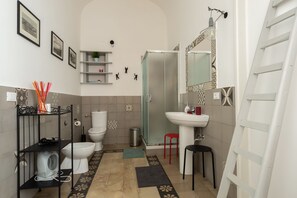 Shower, hair dryer, bidet, towels