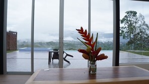 A view through large windows of a room with a wooden table, a vase with dried flowers, and a glimpse of a tennis court and buildings in the distance.