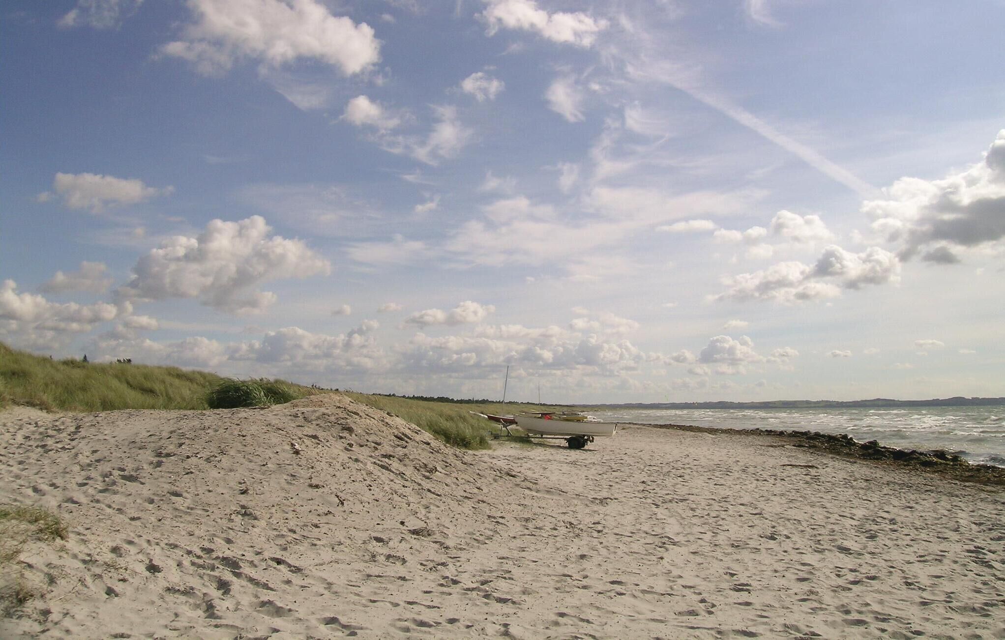 Ein Sandstrand mit Dünen und einem klaren Himmel.