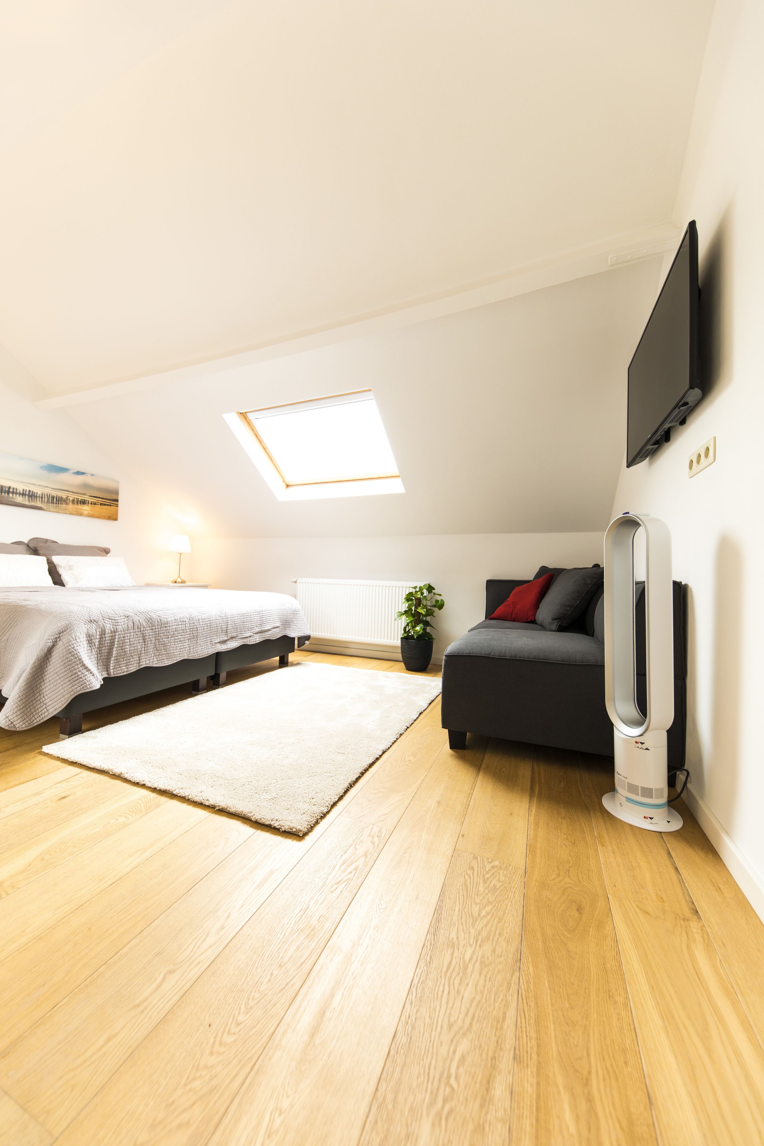 A modern bedroom with a bed, a sofa, a TV, and a skylight.