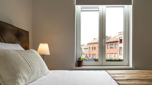 A hotel room with a bed, a window with a view of buildings, a lamp, and a potted plant on the windowsill. - B&B Daya (Leuven)