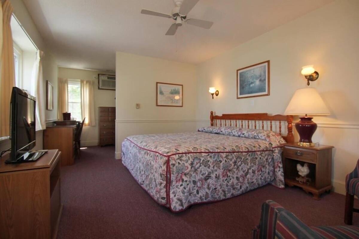 A bedroom with a bed, a television, a desk, and a chair.