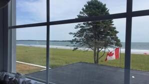 A view from a window with a metal frame, overlooking a grassy area with a tree and a Canadian flag. - Holiday House Inn (Scarborough)
