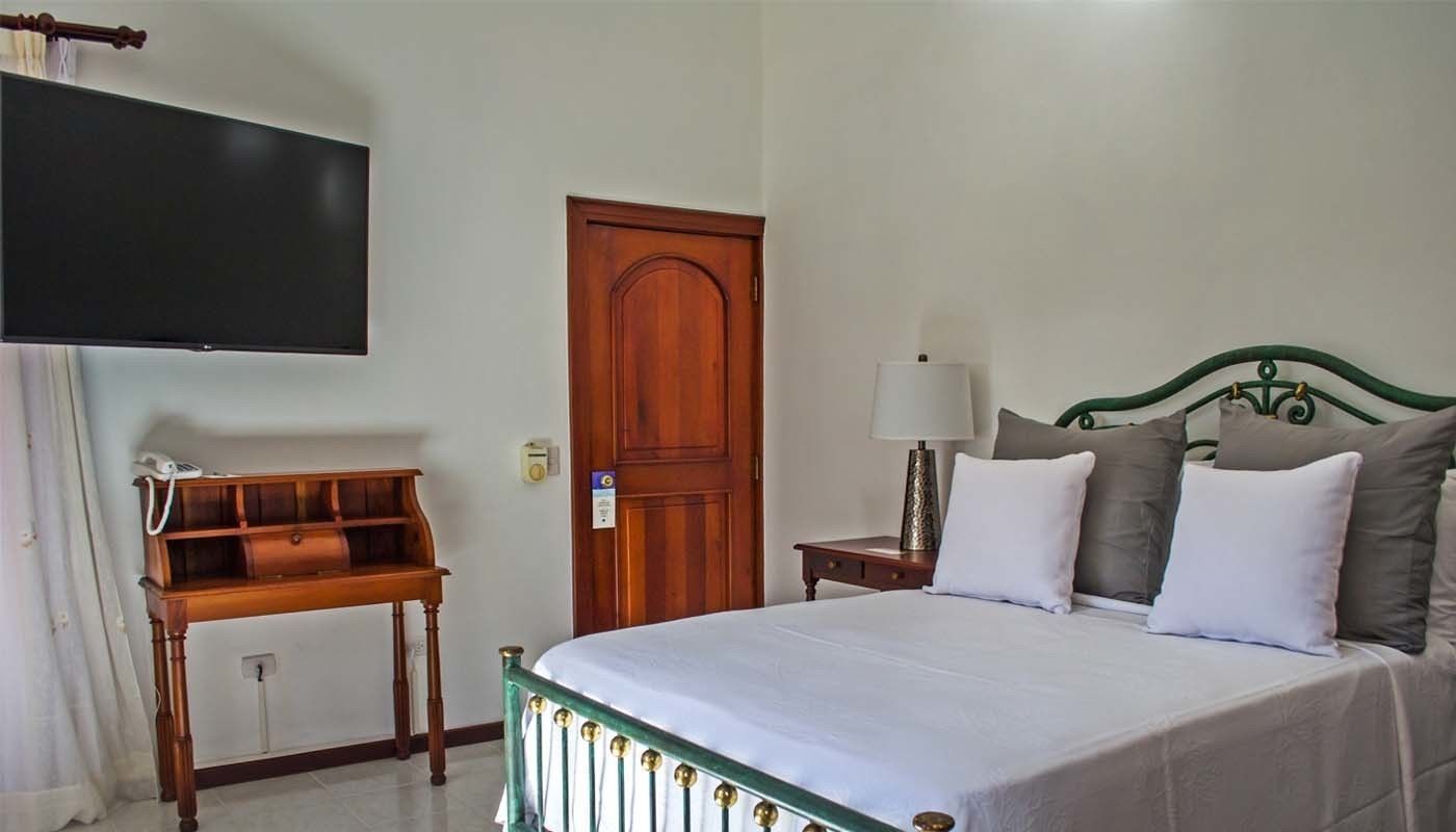 A hotel room with a bed, a wooden nightstand, a bedside lamp, a TV mounted on the wall, and a wooden door.