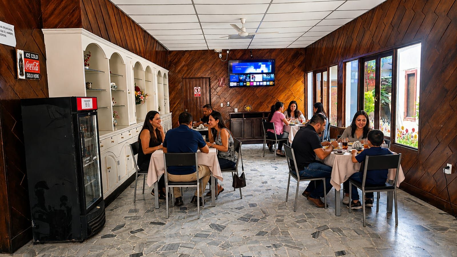 A restaurant with multiple tables and chairs, a television screen, and a Coca-Cola refrigerator.