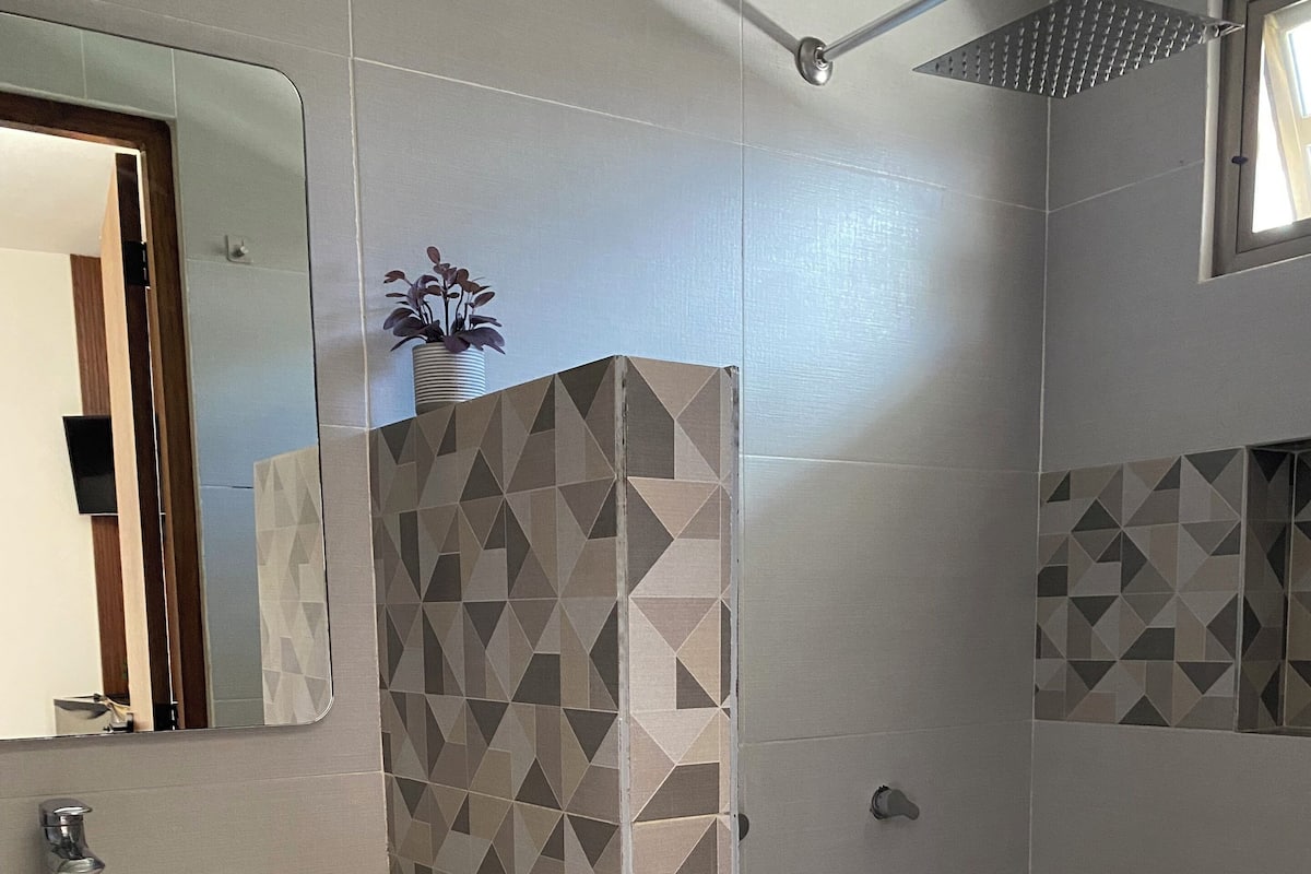 A bathroom with a white sink, a mirror, and a shower with geometric patterned tiles.