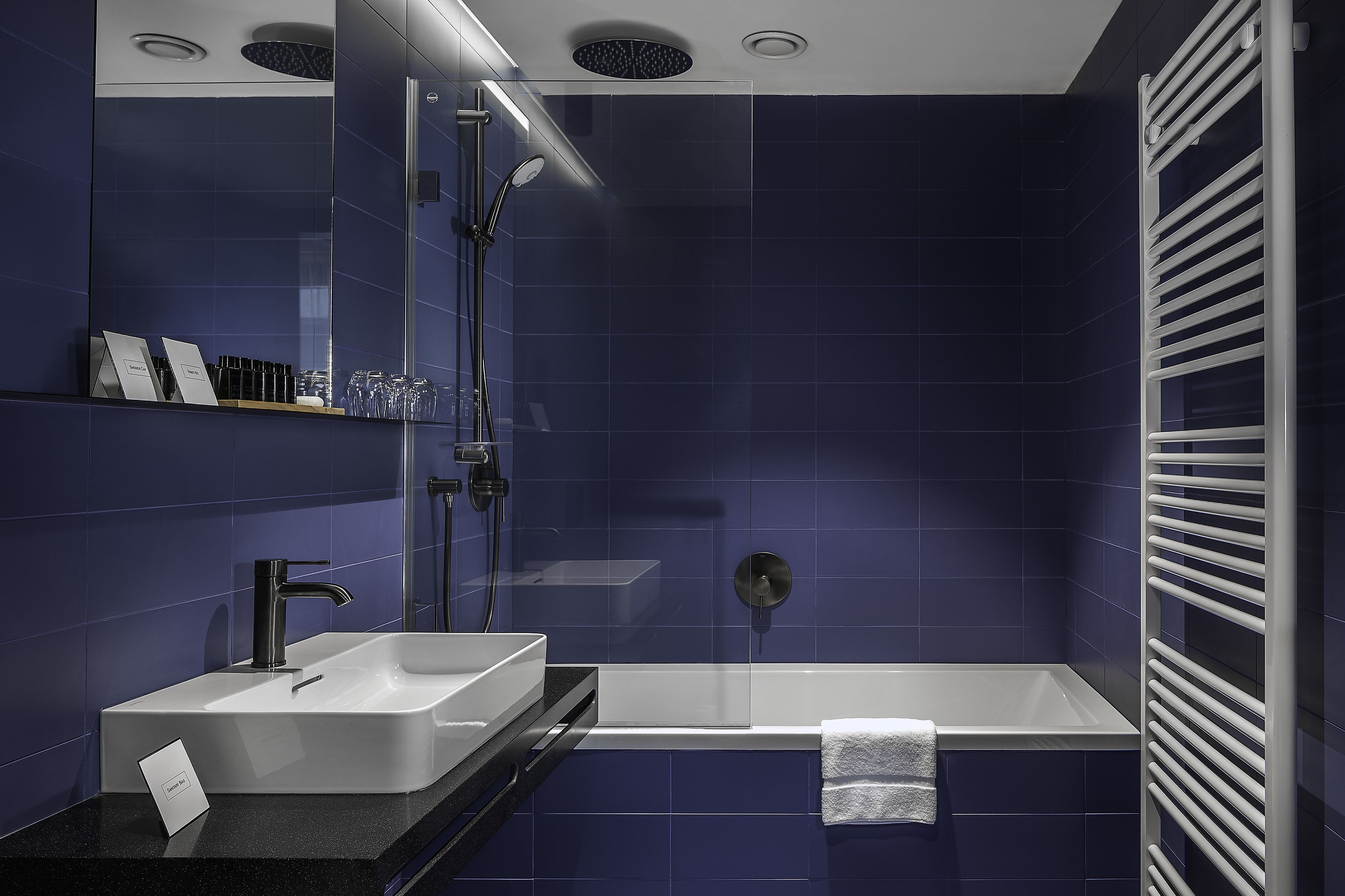 rainfall showerhead, eco-friendly toiletries, hair dryer, bathrobes