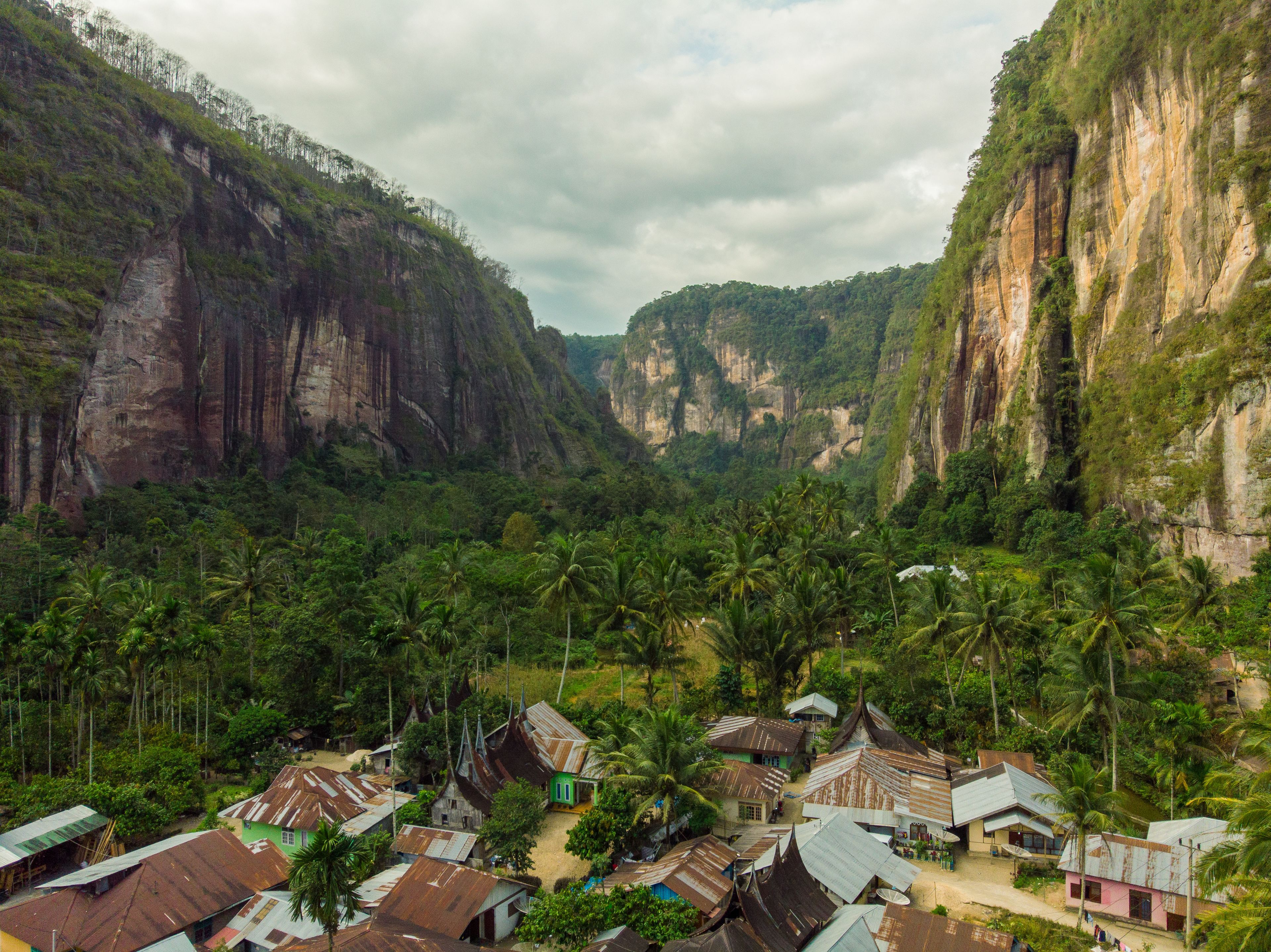 A village with traditional houses surrounded by lush greenery and steep cliffs.