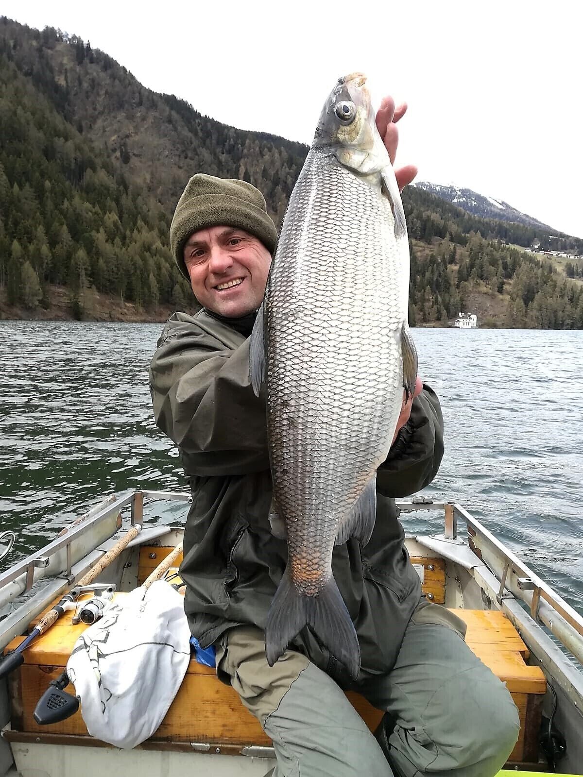 Une personne tenant un gros poisson sur un bateau, avec un paysage boisé en arrière-plan.