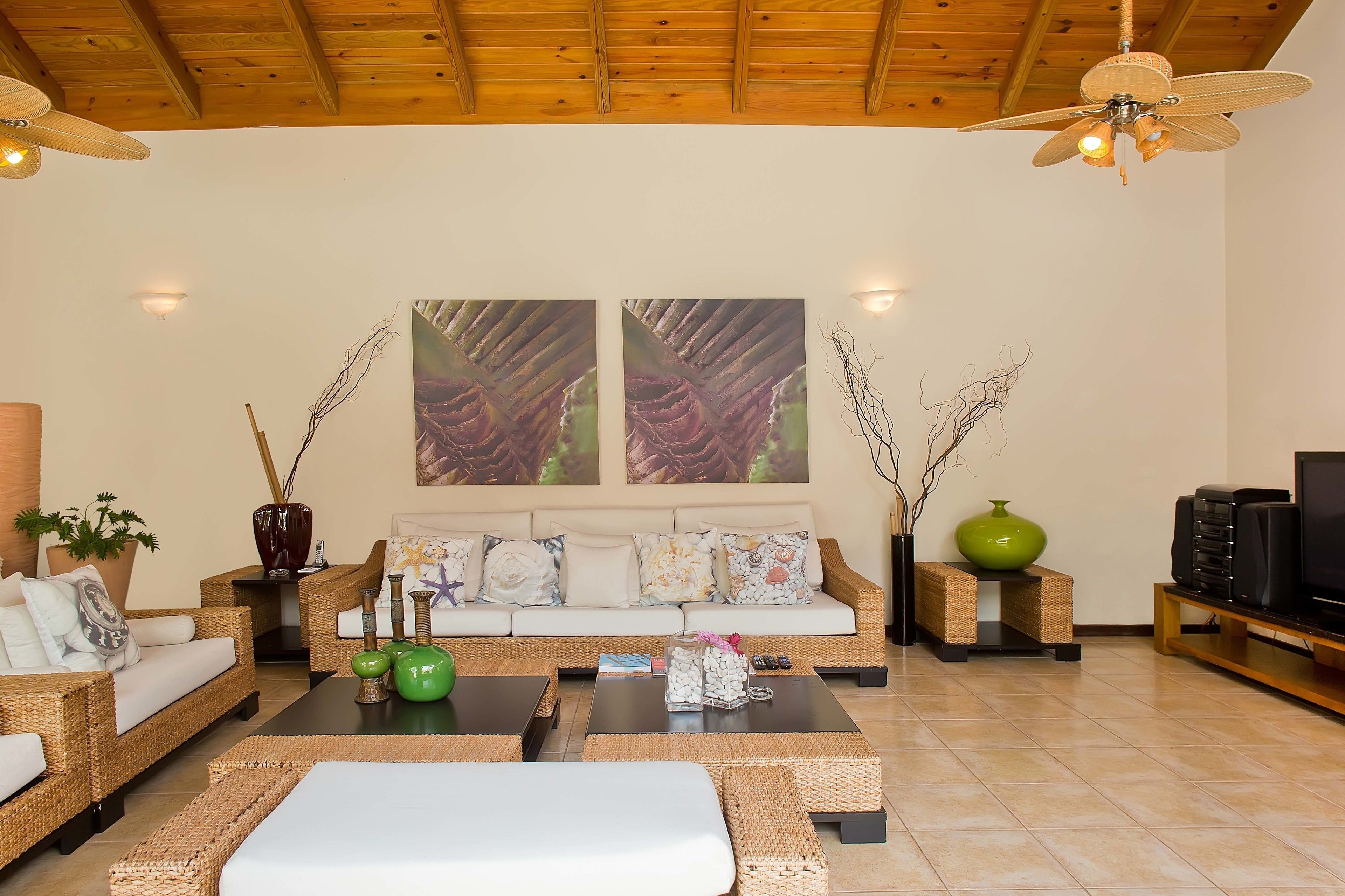 Un salón amplio con techo alto, muebles de mimbre, un sofá con cojines decorativos, una mesa de centro con adornos y un televisor sobre un mueble de madera.
