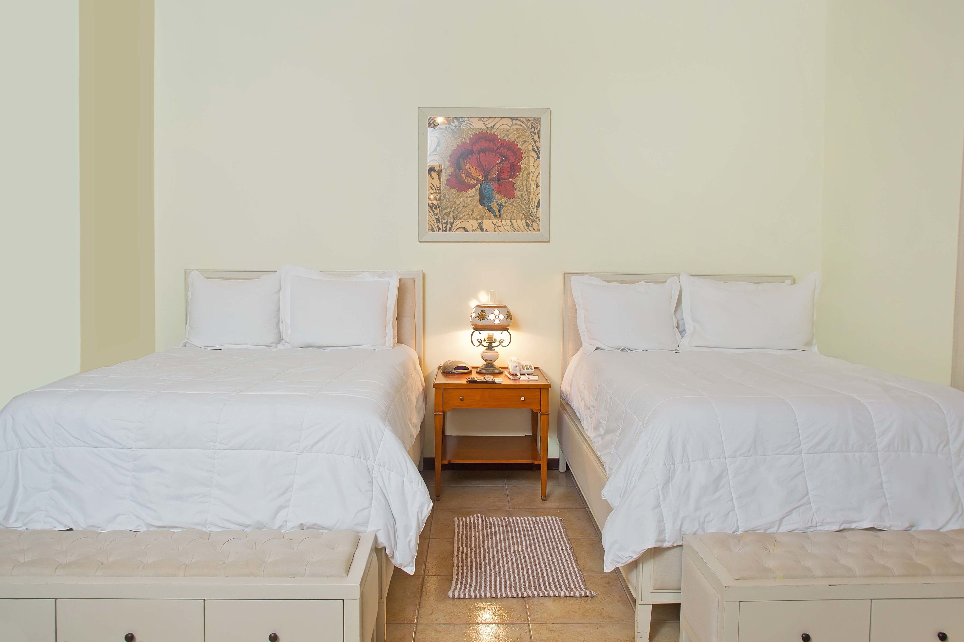 Habitación doble con dos camas, una mesita de noche con lámpara, un adorno en la pared y una alfombra a rayas.