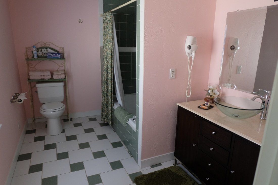 Une salle de bain équipée de toilettes, d’une douche et d’un lavabo.