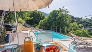 A poolside table with a bowl of strawberries, a pitcher of orange juice, and a glass of water, overlooking a swimming pool and lush greenery. - Villa with private pool and sea view located between Chania and Rethymnon, Lake Kournas (Patima)