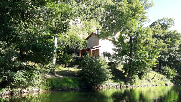 Una casa junto a un lago tranquilo rodeada de abundante vegetación.