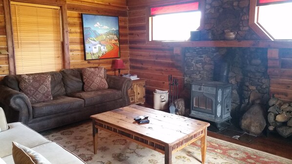 Smart TV, fireplace, DVD player, books