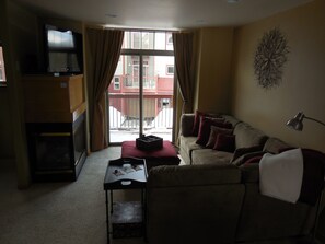 Een televisie, een open haard, een dvd-speler en boeken