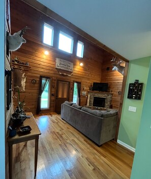 Televisie, een open haard, een dvd-speler en een filmbibliotheek