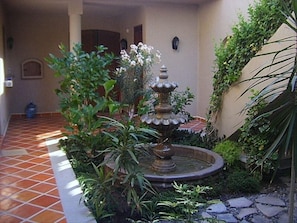 Stroll through this serene courtyard, surrounded by lush greenery and a soothing fountain.