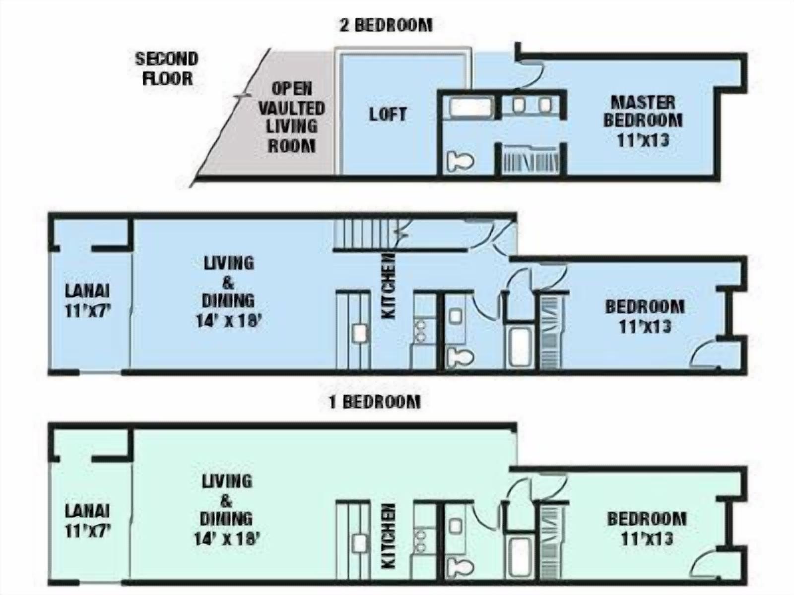 Distribución de un apartamento de dos habitaciones, con sala de estar, comedor, cocina y dos dormitorios.