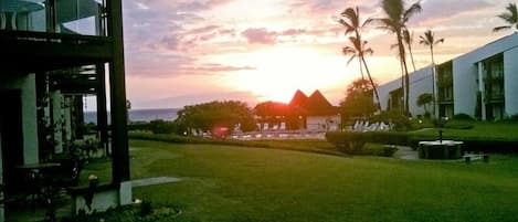 A resort with a view of the sunset over the ocean, palm trees, and a well-maintained lawn.