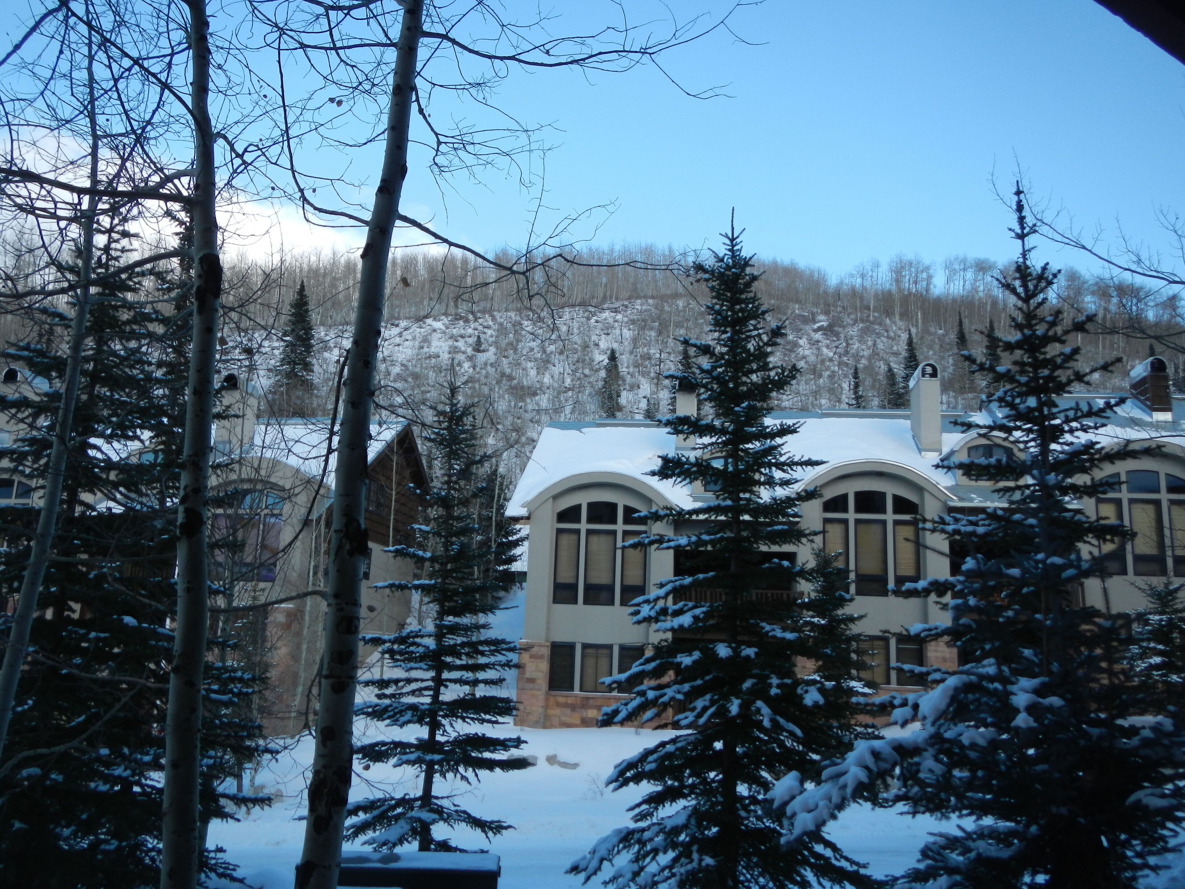 A snow-covered lodge with a large central building and smaller structures around it, surrounded by trees.