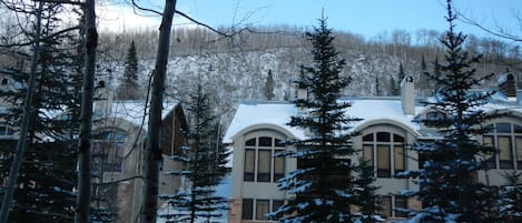 A snow-covered lodge with a large central building and smaller structures around it, surrounded by trees.