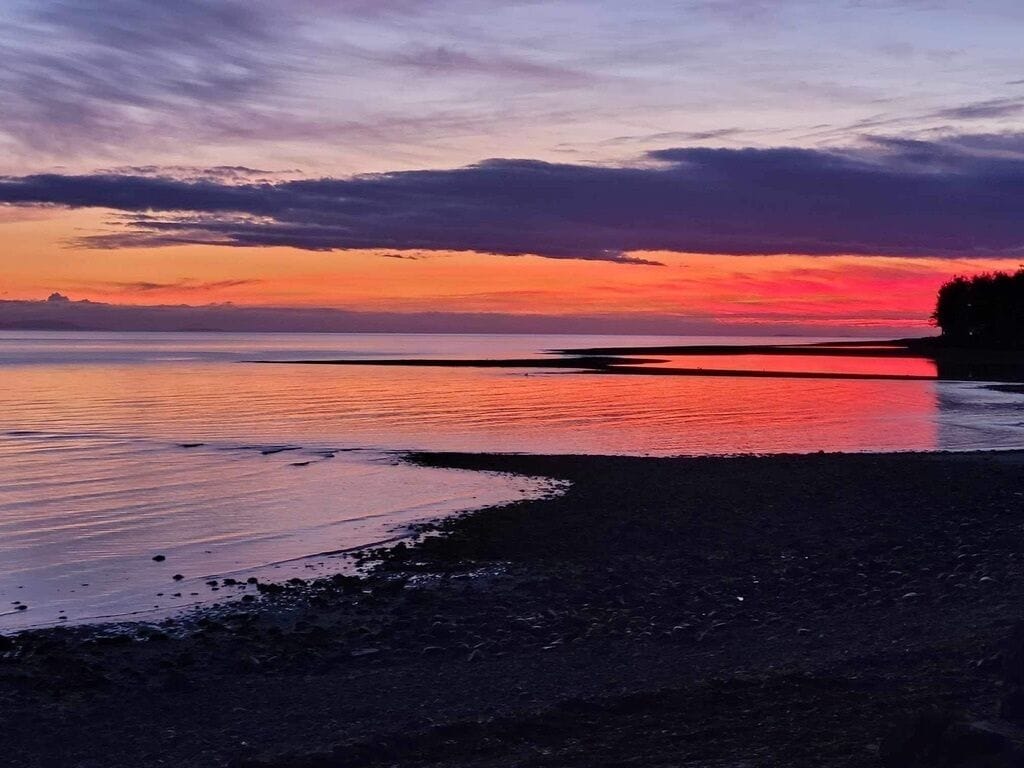 Una spiaggia al tramonto con acque calme e la sagoma di alberi sulla destra.