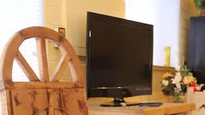 Een rustieke houten schommelstoel met grote wielen, een televisie op een houten dressoir en een vaas met bloemen op een tafel.