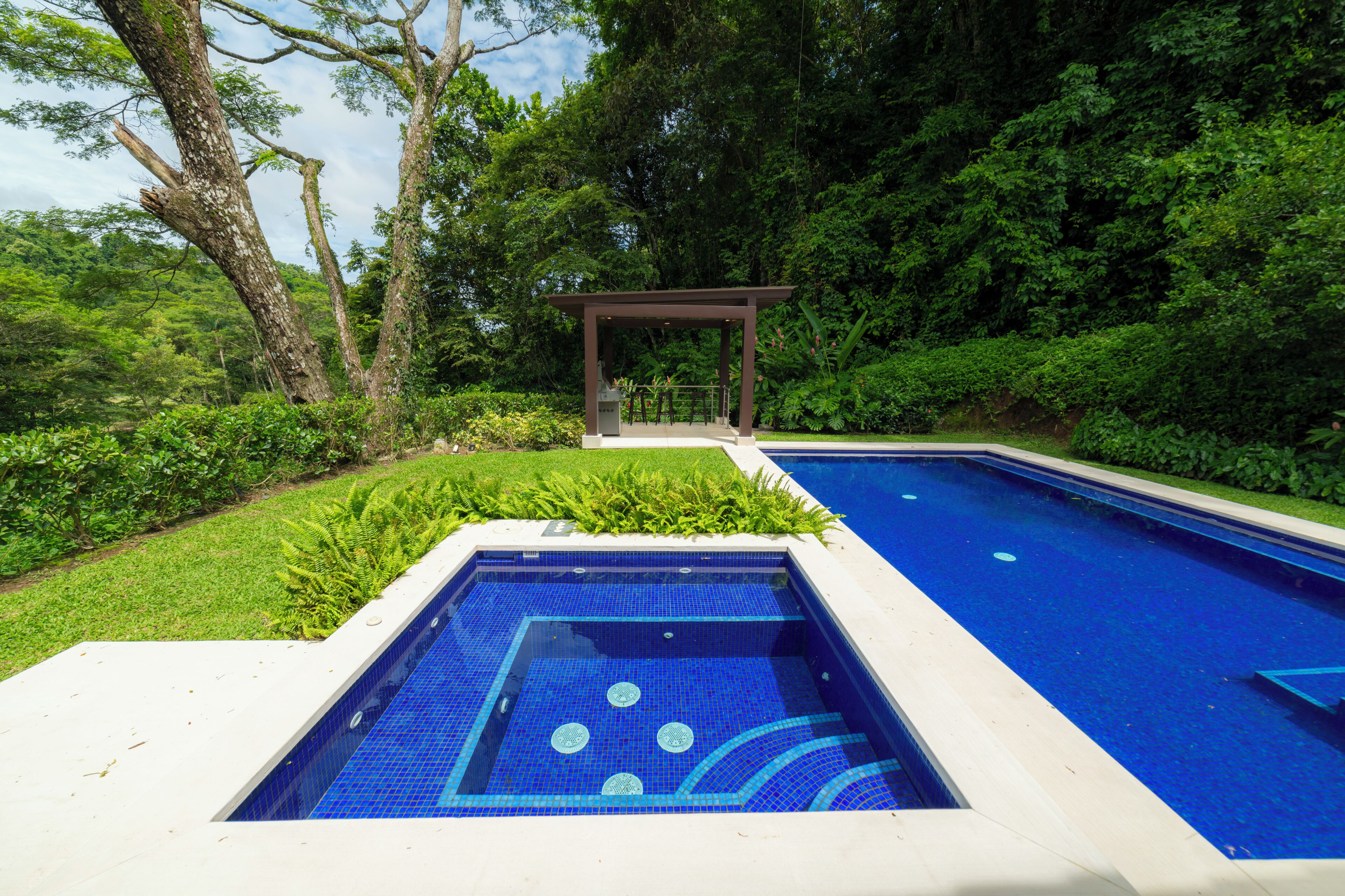 A swimming pool with a tiled deck area, surrounded by lush greenery and trees.