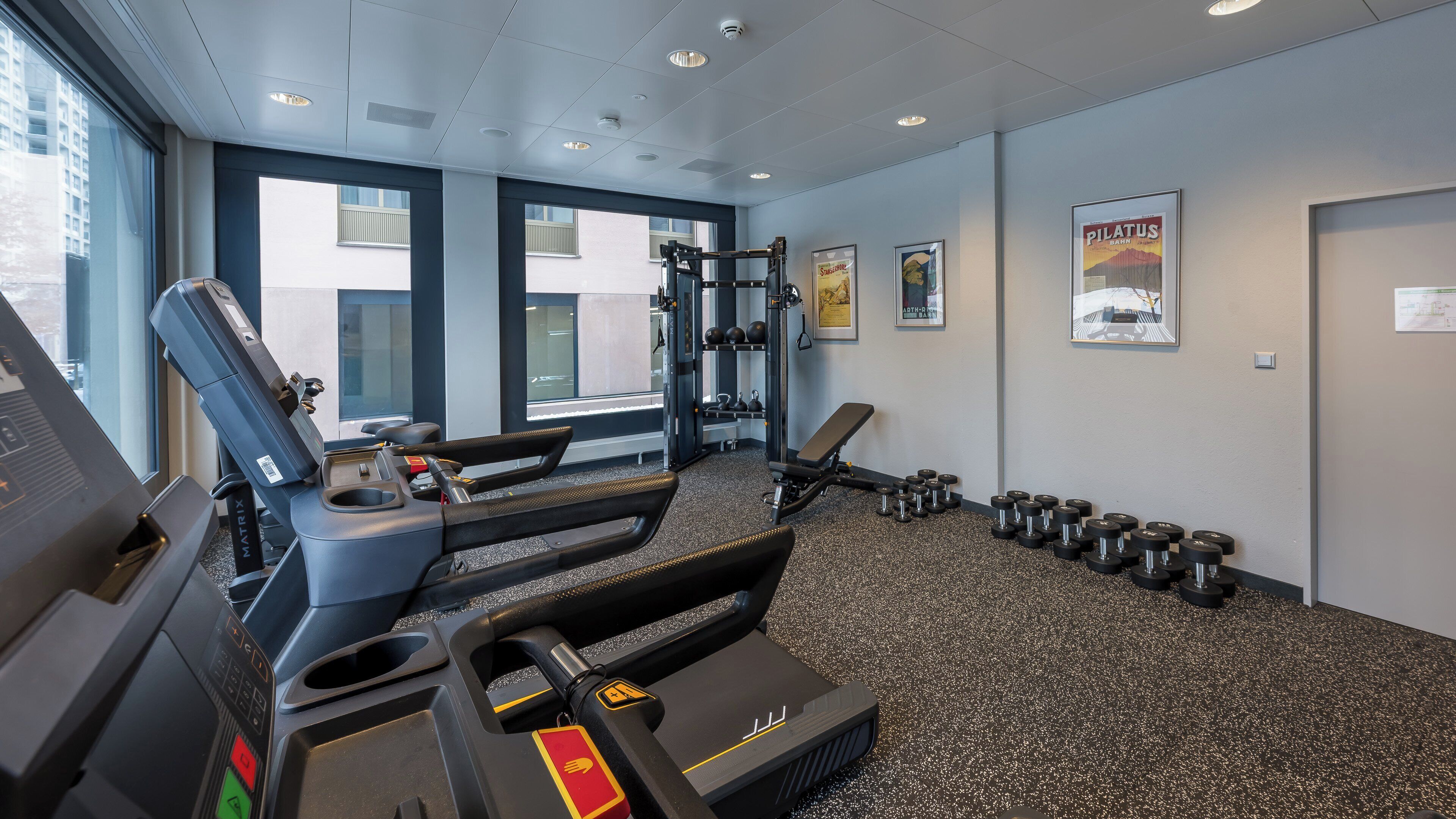 A gym with treadmills, a bench press, and dumbbells.
