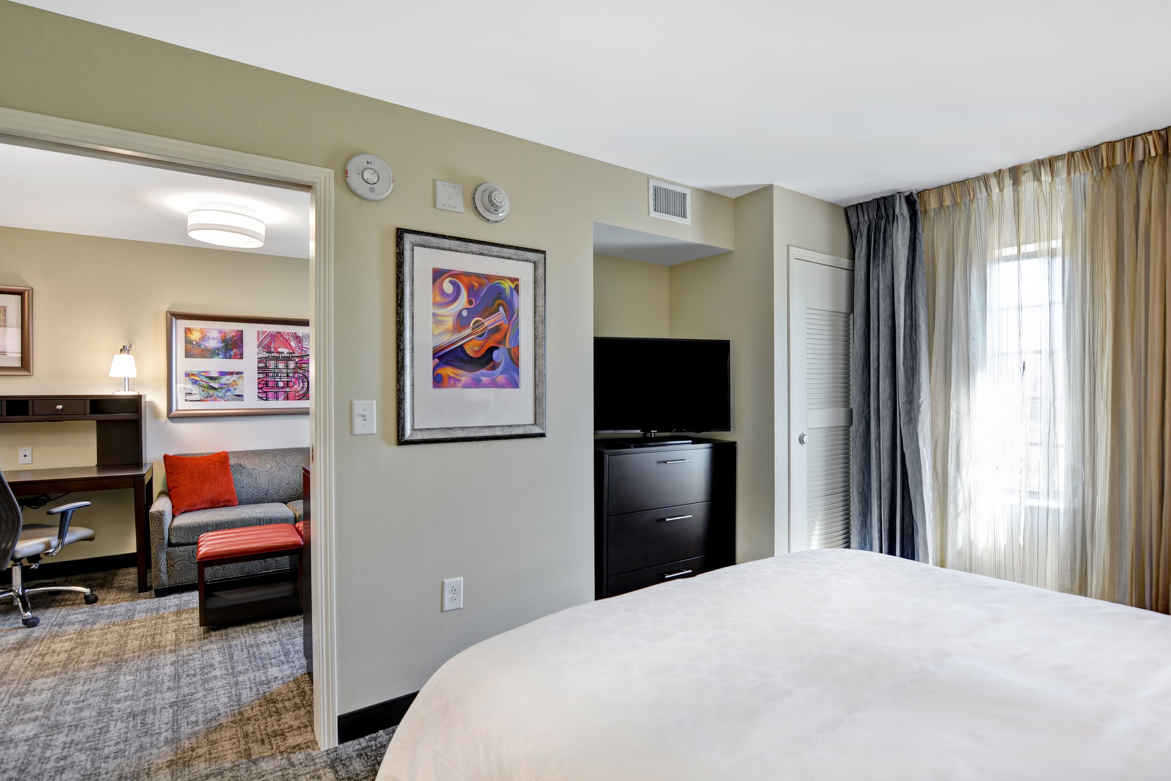 Premium bedding, down comforters, desk, blackout drapes
