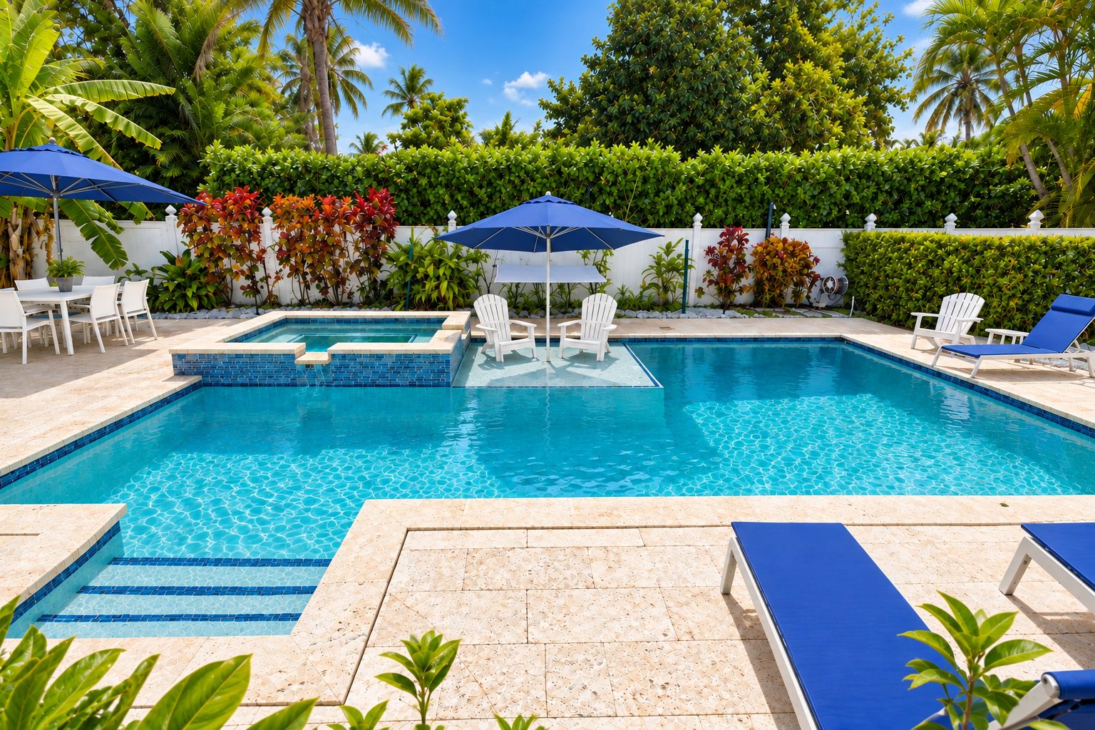 Piscina com borda em azulejo, cercada por espreguiçadeiras e guarda-sóis, com cerca branca e plantas tropicais ao fundo.