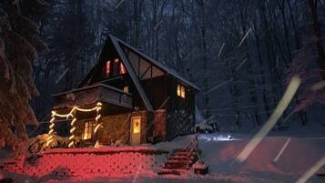 A cabin with a stone exterior, a sloped roof, and a wooden staircase leading to the entrance.