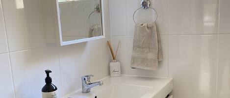 Hair dryer, towels, shampoo, toilet paper